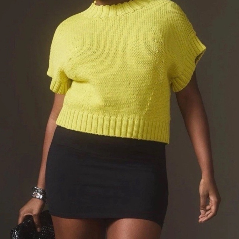 Anthropologie Maeve Pippa Vest Sweater 2X Plus Mock Neck Spring Yellow Boxy EUC